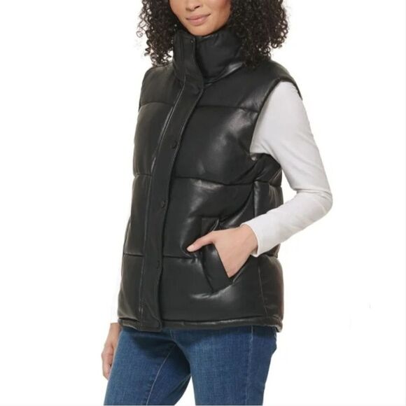 Marc New York Jackets & Blazers - Marc New York Women's L Faux Leather Mock Neck Zip Puffer Vest Pockets Black NWT